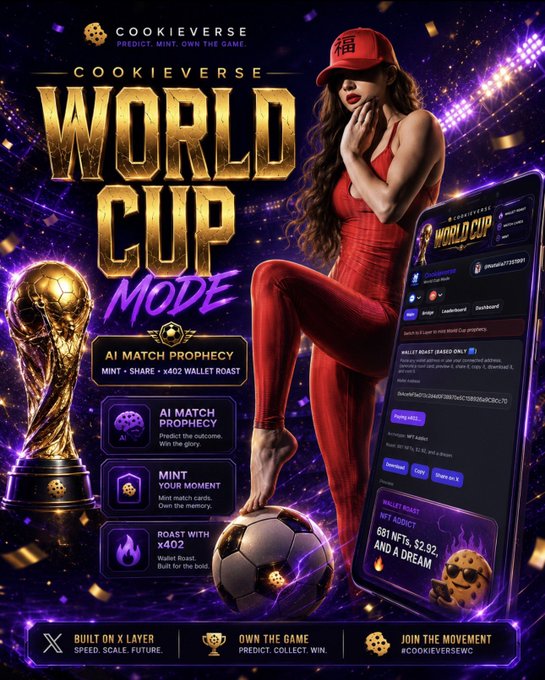 The image is a promotional poster for "Cookieverse World Cup Mode," featuring a woman in a red outfit sitting on a soccer ball next to a golden World Cup trophy and a smartphone displaying the app interface. Key features highlighted include "AI Match Prophecy," "AI Match Prophecy," "Mint Your Moment," and "Roast with x402," with the tagline "Predict. Mint. Own the Game."

The image relates to the post by visually showcasing the Cookieverse AI Match Prophecy tool being promoted, illustrating the app's World Cup Mode that uses AI to analyze football matches and provide predictions for platforms like Polymarket or Kalshi.