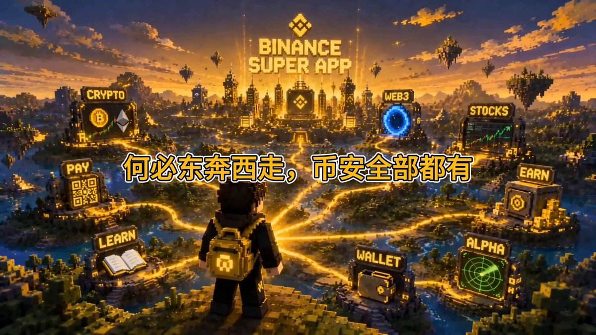 The image features a poster for a video game called "Binance Super App" with an illustration of a man standing at the center, surrounded by various elements from the game such as coins, a backpack, and a book. The background of the poster is filled with bright colors and illustrations related to the game's theme. The post also includes Chinese characters that translate to "Binance Super App", which indicates the title of the video game.