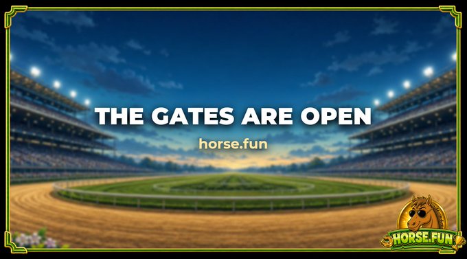 A brightly lit horse racing stadium under a twilight sky displays the bold text "THE GATES ARE OPEN" with "horse.fun" beneath it, reinforcing the post's theme of transparent, onchain horse races launching without presale or insider allocations. The image visually echoes the writer's surprise at finding a legitimate racing platform rather than a typical degen launch.