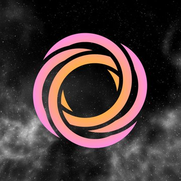 A digital logo featuring swirling pink and orange shapes against a starry black background.