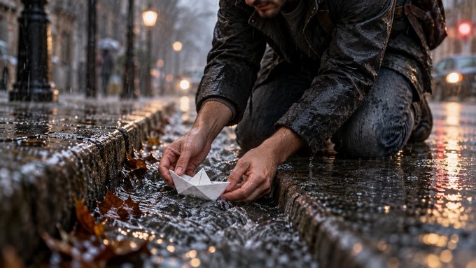 A man in a dark jacket kneels on a wet city street, carefully placing a white paper boat into a puddle, with fallen autumn leaves and street lights in the background.