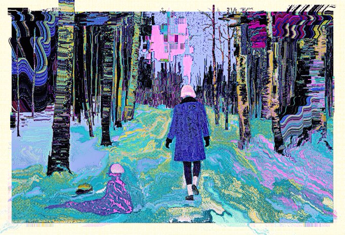A vibrant, glitch-style digital illustration of two figures in winter clothing walking through a colorful, impressionistic forest, with one figure in a blue coat and another seated in pink and blue.