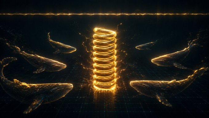 A digital artwork features a glowing golden spring or coil shape surrounded by stylized whales floating in a dark, atmospheric ocean setting.