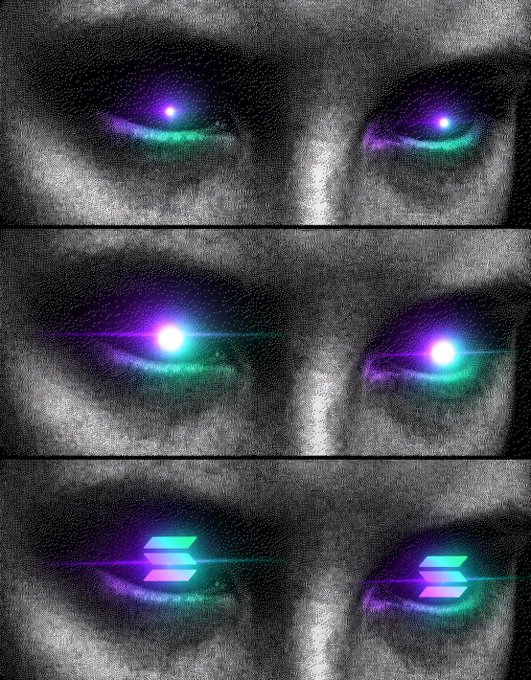 A dark, textured digital artwork composed of three horizontal panels showing a close-up of a face's eyes, which glow with bright purple and teal light, culminating in the bottom panel where the glowing shapes form a logo resembling the Solana symbol.