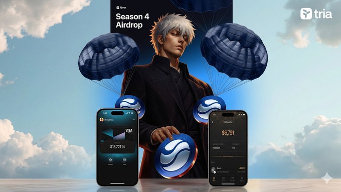 The image shows a poster with three cell phones placed next to each other against a blue sky background. Each phone features an Air Drop symbol above its display, suggesting that there are three airborne parachutes related to the content of the poster or possibly advertising for a new product. The phrase "Good morning, Tria & River fam!" appears below the cell phone displays, indicating the event might be related to a specific gaming session or collaboration between two teams in the gaming world.