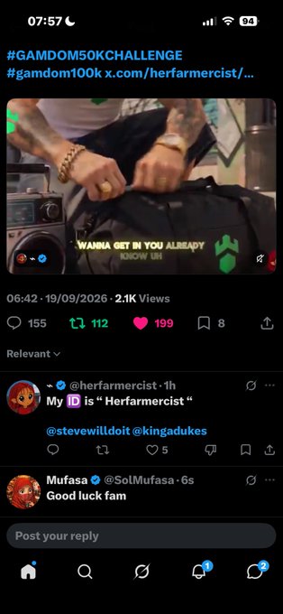 A screenshot of an X/Twitter post showing a video clip with the text 'WANRU GET IN YOU ALREADY' and 'IGROW UP', tagged with #GAMDOM50KCHALLENGE and #gamdom100k.