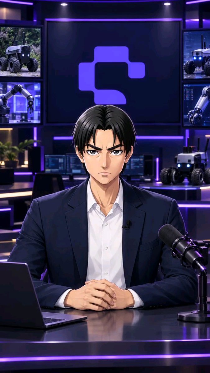 An anime-style male presenter in a navy suit sits at a desk with a microphone and laptop in a purple-lit technology studio displaying vehicles, robotic arms, and monitors.
