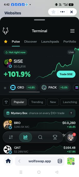 Mobile screenshot of a cryptocurrency trading app (Terminal on wolfswap.app) showing hot tokens like SISE (+101.9%), CRO (+4.8%), PACK (+5.0%), BRO (+18.4%), and QNT (+57.9%).