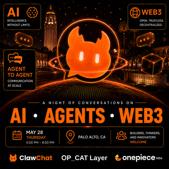 The image features a poster for an event called "AI·AGENT·WEB3 Meetup" that takes place on Saturday, May 28th at 5:00 PM. The poster includes various elements such as logos, icons, and text related to AI agents, Web3, Bitcoin, and the meetup location in the Bay Area.