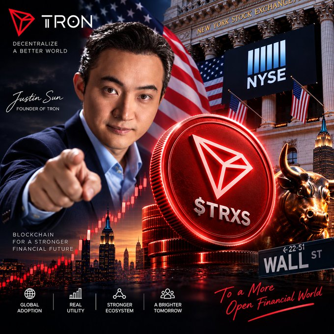 A promotional graphic features Justin Sun, Founder of TRON, pointing at the viewer alongside a glowing red "$TRXS" token, set against a backdrop of the New York Stock Exchange, the Wall Street sign, and American flags. The image aligns with the post announcing that TRX will be tradable on the US stock market on September 9 via Cboe under the ticker $TRXS, emphasizing regulated US access to the TRON cryptocurrency through brokerage accounts.