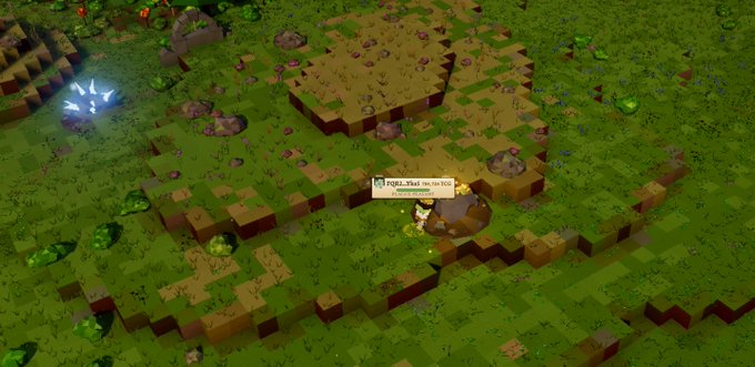 A screenshot from a voxel-style video game showing a character mining rocks on a grassy terrain with a tooltip reading 'Press [Y] to mine rock'.