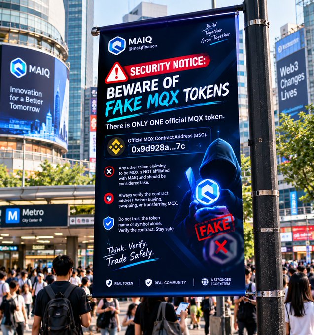 A large outdoor billboard advertisement for 'MAIQ' displaying a 'SECURITY NOTICE: BEWARE OF FAKE MQX TOKENS', warning viewers about scam tokens and providing the official contract address '0x9d928a...7c'. It includes images of a hooded figure representing a scammer.