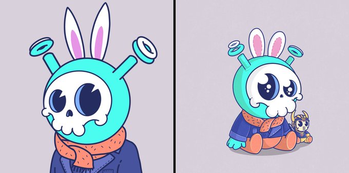 Two illustrations of a cute skull character with bunny ears, a halo, and an orange scarf, with the right image showing it sitting beside a small yellow creature.