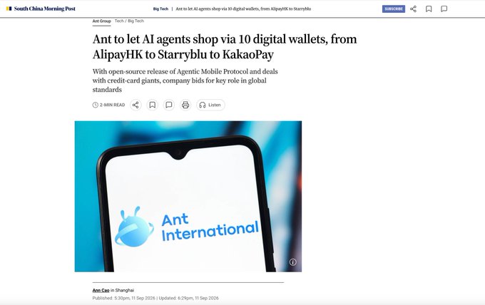 A screenshot from South China Morning Post showing an article titled "Ant to let AI agents shop via 10 digital wallets, from AlipayHK to Starryblu to KakaoPay," featuring an image of a smartphone displaying the "Ant International" logo, which relates to the announcement about Starryblu joining Ant International's Agentic Mobile Protocol (AMP) as one of the first 10 digital wallets enabling AI Agent shopping.
