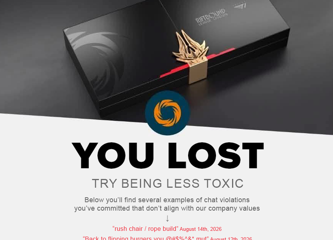 A promotional image featuring a Razer giveaway box with a gold crest, overlaying the Riftsong logo and bold text reading 'YOU LOST TRY BEING LESS TOXIC,' listing chat violations like 'rush chair / rope build' and 'Back to flippin burgers,' with future dates from 2026.