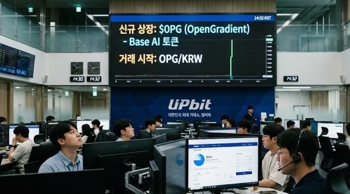 An AI-generated image of a busy trading floor with the UPbit logo, where a large screen displays "신규 상장: $OPG (OpenGradient) - Base AI 토큰" and "거래 시작: OPG/KRW", along with traders at workstations.