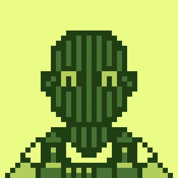 A pixel art illustration of a figure with a dark green skull-like face and green striped torso against a light olive green background.