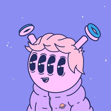 A stylized cartoon illustration features a pink character with large expressive eyes, light hair, and floating ring accessories above its head, wearing a purple hoodie against a starry background.