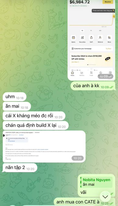 A Telegram chat screenshot with a green illustrated background showing a Vietnamese conversation about buying the CATE token, including a message saying 'Subscribe KAIA to share $150,000 LIP with Unitas.'