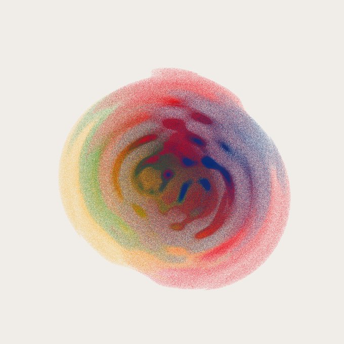 An abstract, colorful circular design with swirling red, blue, yellow, and green hues rendered in a grainy texture on a light background.