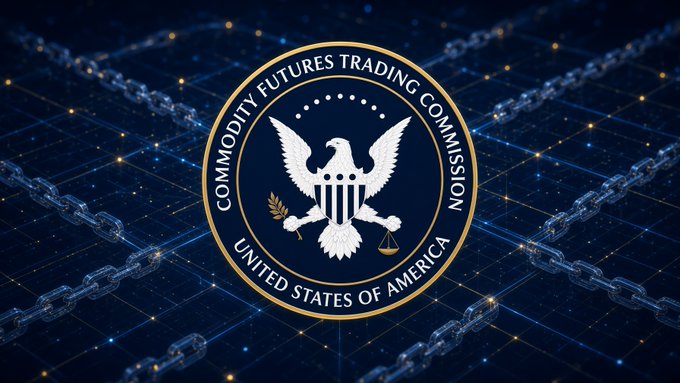 The image displays the official seal of the Commodity Futures Trading Commission (CFTC) set against a dark blue background featuring interconnected chain links and glowing digital nodes, symbolizing cryptocurrency and blockchain technology. The text "COMMODITY FUTURES TRADING COMMISSION" and "UNITED STATES OF AMERICA" frames the central eagle emblem. This visual directly complements the post about CFTC Chair Michael Selig's CTX framework, which seeks to bring crypto exchanges under federal CFTC oversight as "Crypto Asset Markets."