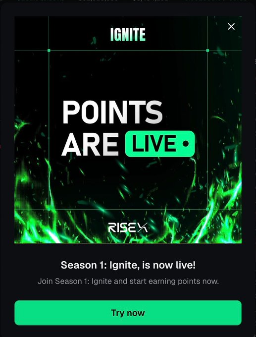 A digital promotion for 'RISE' Season 1: Ignite, announcing 'POINTS ARE LIVE' with a 'Try now' button against a green flame background.