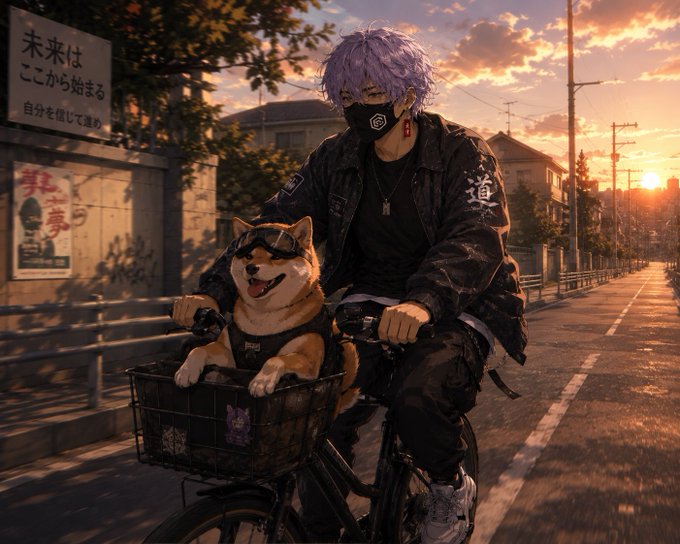 A purple-haired anime character wearing a "道" (path/way) jacket rides a bicycle with goggles-clad Shiba Inu in the basket at sunset, while a Japanese sign reads "未来はここから始まる 自分を信じて進め" ("The future begins here, trust yourself and move forward")—symbolically urging caution against the FOMO-driven impulse to "ape in" to NFTs blindly, as the post warns.