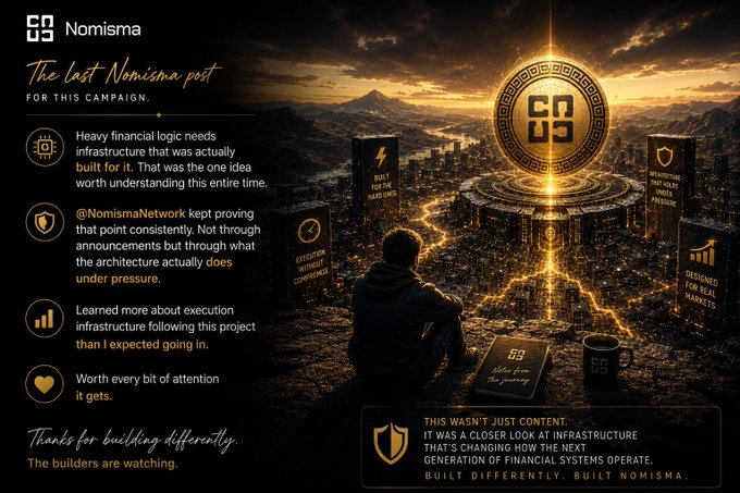 A promotional 'last Nomisma post' graphic with cinematic imagery of a figure overlooking a glowing coin cityscape, emphasizing infrastructure built differently with text about execution infrastructure and real markets.