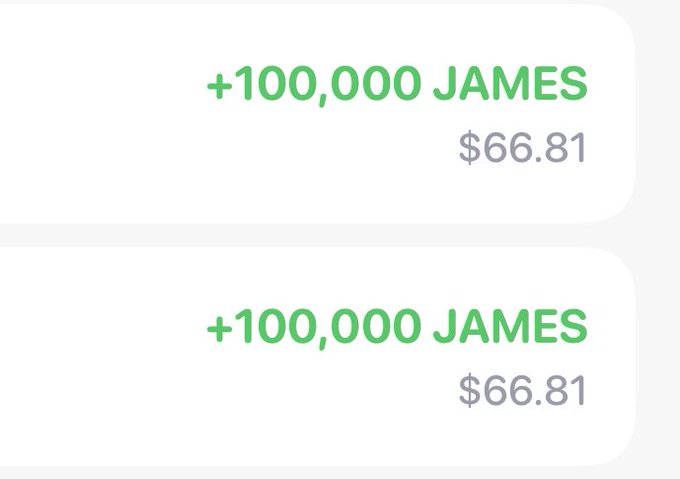 The image shows two identical notifications displaying "+100,000 JAMES" in green text, each valued at $66.81. The post expresses shock and surprise, humorously wondering if this is a larger airdrop than $MON and questioning their own fate ("Am I cooked?").