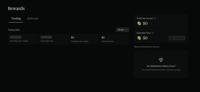 This image displays a "Rewards" dashboard showing $0 in "Total Fees earned" and "$0" in "Claimable Fees," with "No distribution history found," which may relate to the user's query about potential Arcus rewards on Robinhood Chain.