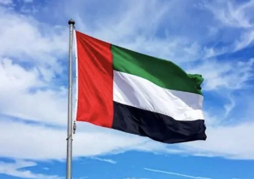 The national flag of the United Arab Emirates waving against a blue sky with clouds, featuring its characteristic vertical red band and horizontal green, white, and black stripes.