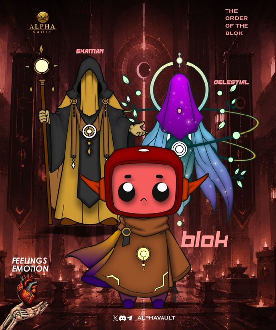 An illustration featuring three hooded figures labeled 'SHAMAN' and 'CELESTIAL' behind a small character in a red hooded cloak, with text including 'ALPHA VAULT', 'THE ORDER OF THE BLOK', 'bloK', and 'FEELINGS EMOTION'.