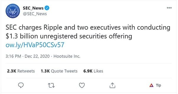 A screenshot of a tweet from the SEC_News account (dated December 22, 2020) announcing that the SEC has charged Ripple and two executives with conducting a $1.3 billion unregistered securities offering. The post juxtaposes this regulatory action against the tweet's framing of XRP as the "One Coin to Rule Them All," highlighting the tension between community enthusiasm for Ripple and the serious legal consequences outlined in the SEC complaint.