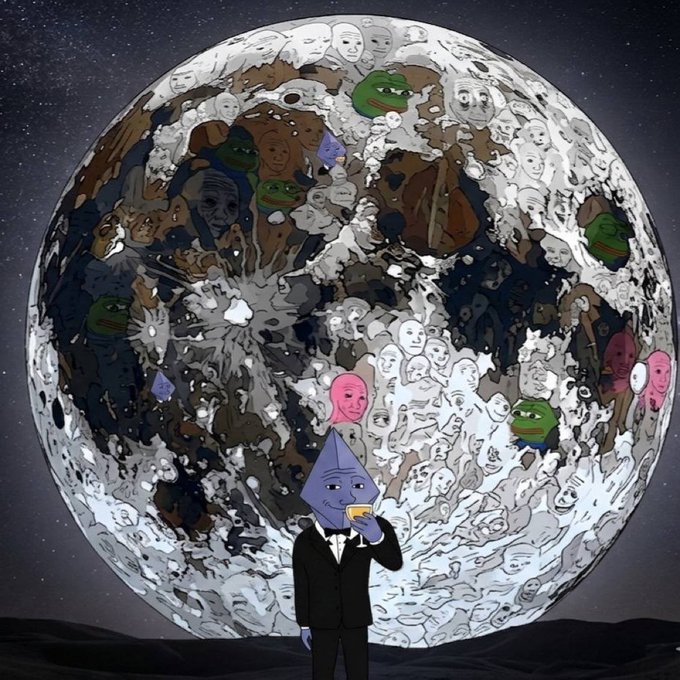 A faceless figure in a tuxedo eating cheese stands before a massive moon covered in countless meme faces (including Pepe and the Moon), visually representing the post's message that the $WOJAK journey is only in its first chapter, with billions as the final destination.