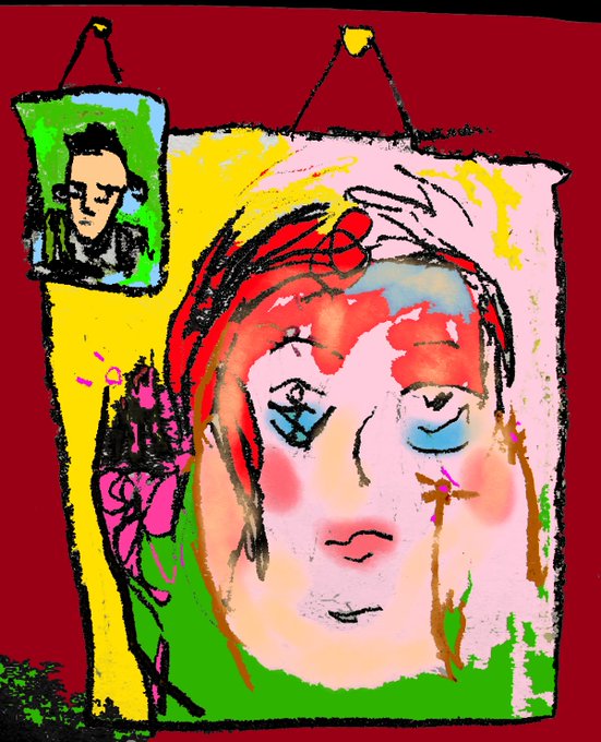 A colorful, stylized artwork depicting a crying face with red hair and a bow, accompanied by a smaller portrait on a red background.