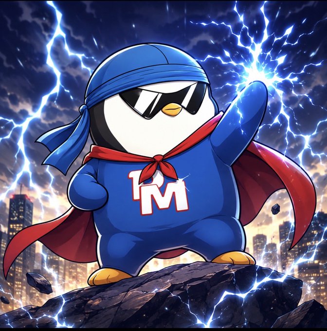 A cartoon penguin character dressed as a superhero in a blue suit with a red cape and sunglasses, standing on a rock with lightning in the background; the suit has '1M' written on it.