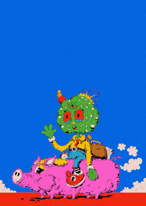 A vibrant, psychedelic illustration of a green-headed character wearing a yellow shirt riding a pink sheep against a solid blue background.