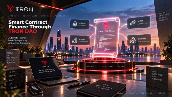 A promotional graphic for TRON DAO with the tagline 'Smart Contract Finance Through TRON DAO' featuring a futuristic cityscape, a laptop, smartphone, and feature boxes for LENDING, SWAPS, STAKING, and DEFI APPS.