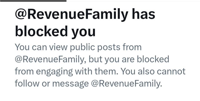 A screenshot of a social media notification showing that "@RevenueFamily has blocked you," meaning the user can no longer engage with the account. The caption warns followers that RevenueFamily has rug-pulled a recently launched token and advises them to stay away, unfollow, and report the account.