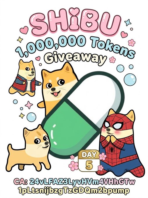 The image promotes the "SHIBU 1,000,000 Tokens Giveaway" on Day 5, featuring cute cartoon Shiba Inu characters dressed in outfits (including a Spider-Man costume) alongside a green pill graphic. It displays the contract address "CA: 24vLFAZ3LyvHVm4VHhGTw1pLtsnijbzgTzGDQm2bpump," matching the post celebrating a SHIBU token giveaway winner.