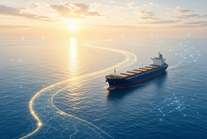A digital illustration depicts a cargo ship sailing on the ocean at sunset, leaving a glowing digital wake with interconnected nodes and hexagonal patterns in the water.