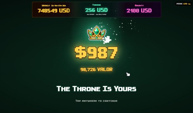 A game screen displaying victory statistics, showing a weekly reward of '7485.49 USD', a 'THRONE' of '256 USD', and a 'BOUNTY' of '2100 USD'. The center displays '$987' and '98,726 VALOR' with the text 'THE THRONE IS YOURS'.