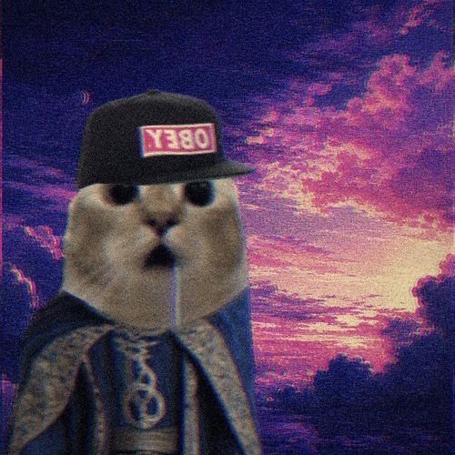 A pixelated image of a cat wearing a black cap with 'Y380' on it and a chain necklace, set against a vibrant pink and purple sunset sky background.