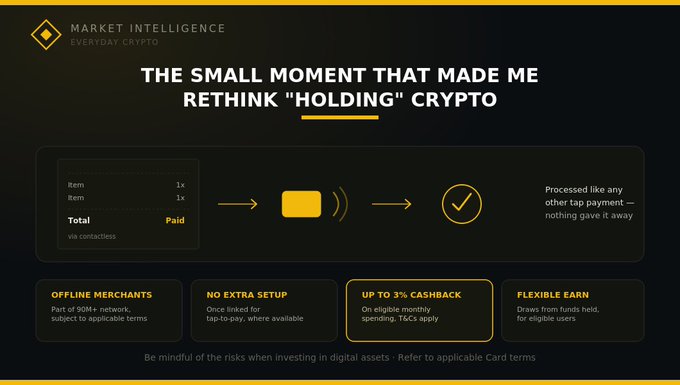 A promotional graphic from 'Market Intelligence' titled 'The Small Moment That Made Me Rethink "Holding" Crypto,' advertising features like offline merchants, no extra setup, up to 3% cashback, and flexible earn.