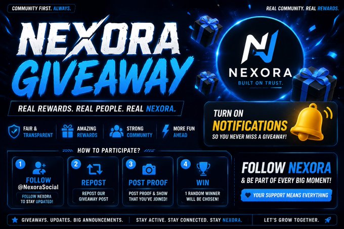 A 'NEXORA GIVEAWAY' promotional banner detailing how to participate by following @NexoraSocial, reposting, posting proof, and winning, with a call to turn on notifications.