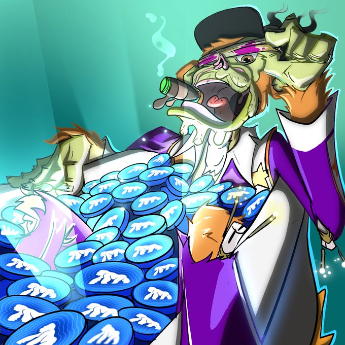 The image features a cartoon character wearing a purple suit with a black top hat and sunglasses. The character has a large amount of money in their hand and is holding a blue bag filled with more money, indicating that they are rich or have recently acquired wealth. The post suggests that there might be a sale going on at GM fam, which could potentially be related to the cartoon character's situation if it were a real-life scenario.

The image also includes several coins scattered around the cartoon character and their purple suit, further emphasizing the theme of wealth or money.