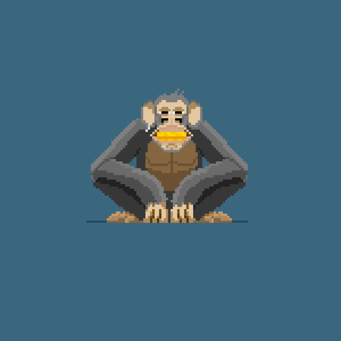 A pixel art illustration of a monkey in a contemplative thinking pose, sitting cross-legged with its hands covering its ears and a yellow object (banana) over its mouth, set against a solid blue background.