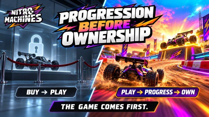 Promotional graphic for 'Nitro Machines' featuring the text 'PROGRESSION BEFORE OWNERSHIP' and 'THE GAME COMES FIRST,' contrasting a locked car ('BUY → PLAY') with an unlocked one ('PLAY → PROGRESS → OWN').