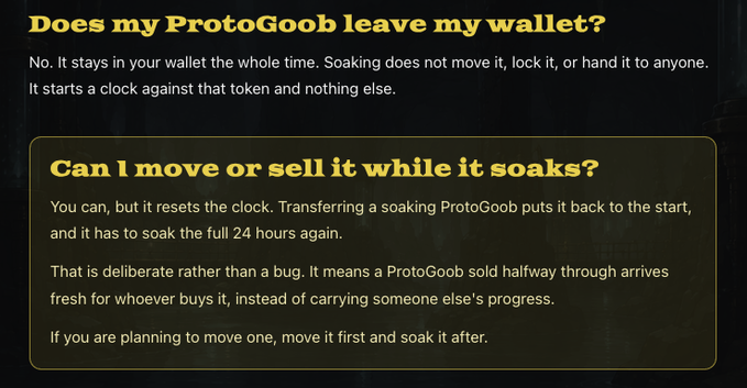A FAQ graphic explaining 'ProtoGoob' tokens, noting it stays in the wallet during soaking and resets a 24-hour clock if moved or sold.