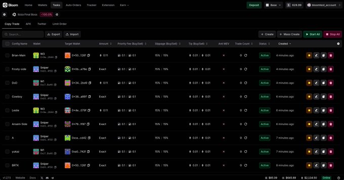 The image shows a computer screen displaying a website called "BloomTrading" with various tabs open, including one tab for the USDC trading platform. The website offers multiple options such as copy trading, orders, and copy trading pairs like @BloomTrading. The screen also displays a list of items to sell on the platform, which includes stocks and other financial instruments.